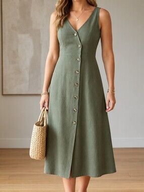 Sleeveless Olive Midi Dress with Button Front